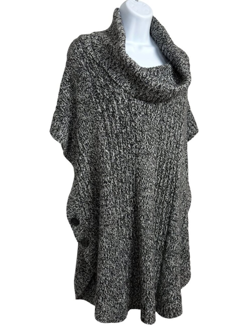 Woman Within Plus Size Marled Knit Cowl Neck Poncho Sweater 1X Button Side Cape